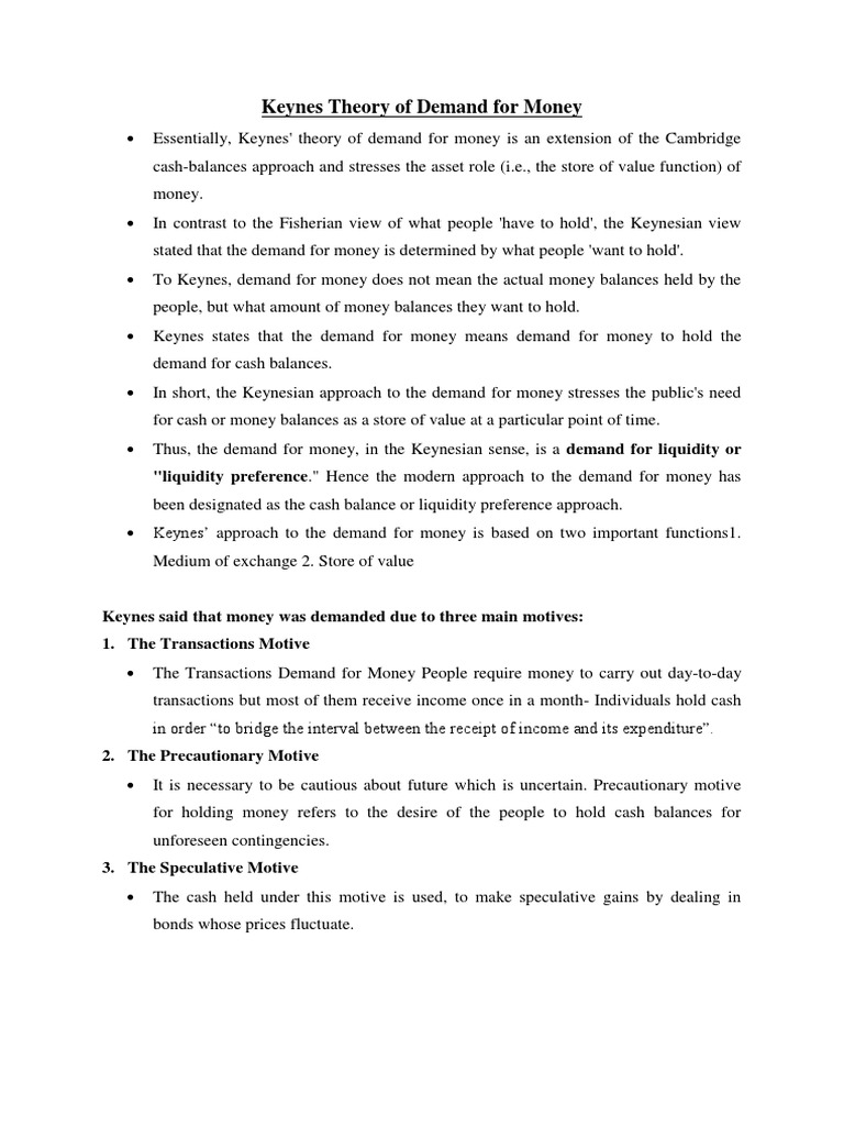 Keynes Theory of Demand For Money | PDF | Demand For Money | Money Supply