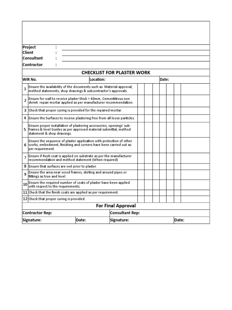 Plaster Work Quality Control Checklist | PDF