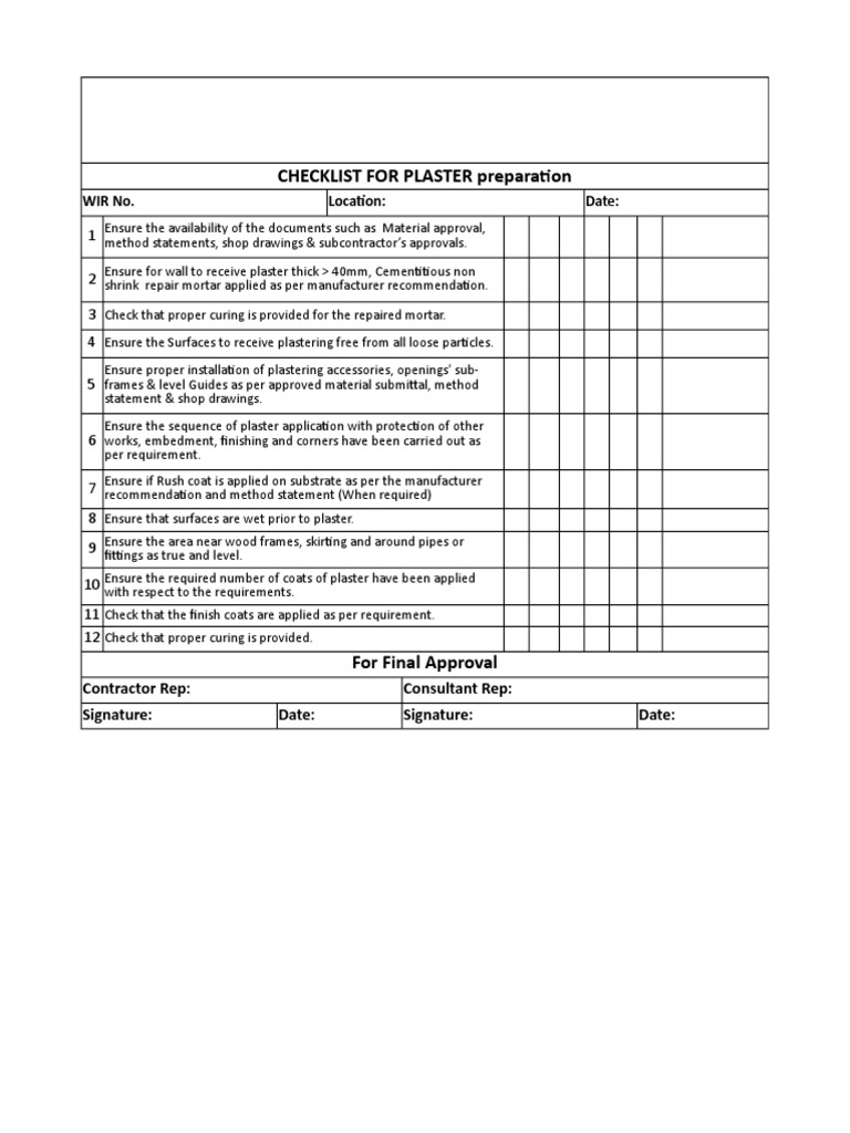Plastering Preparation Checklist | PDF