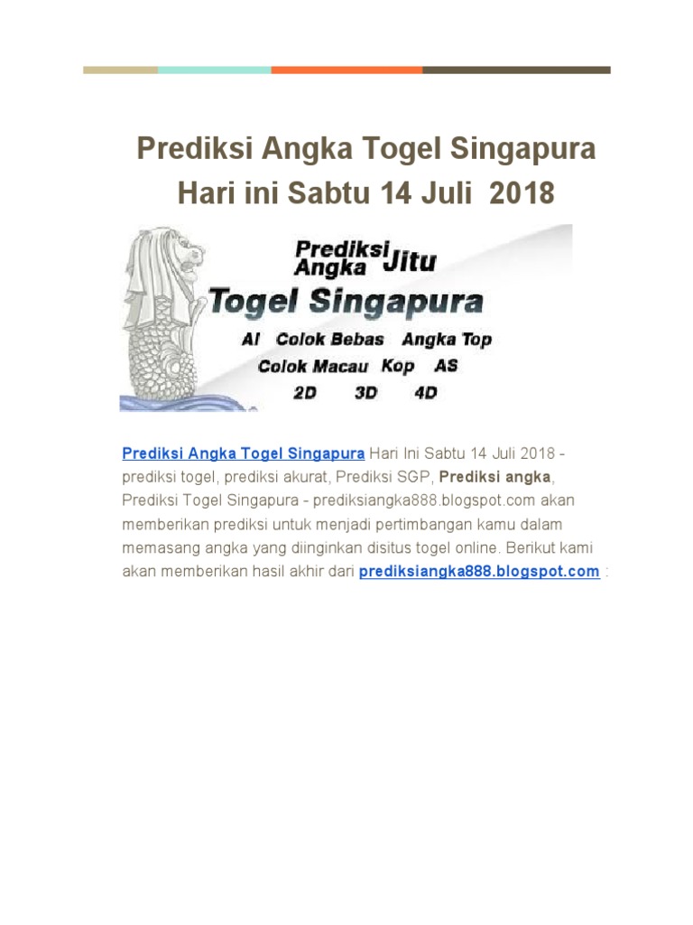 Prediksi Angka Togel Singapura Hari Ini Sabtu 14 Juli 2018 Pdf