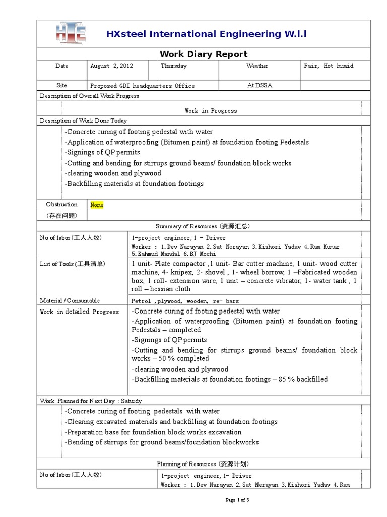 Hxsteel International Engineering W.L.L: Work Diary Report | PDF | Nature
