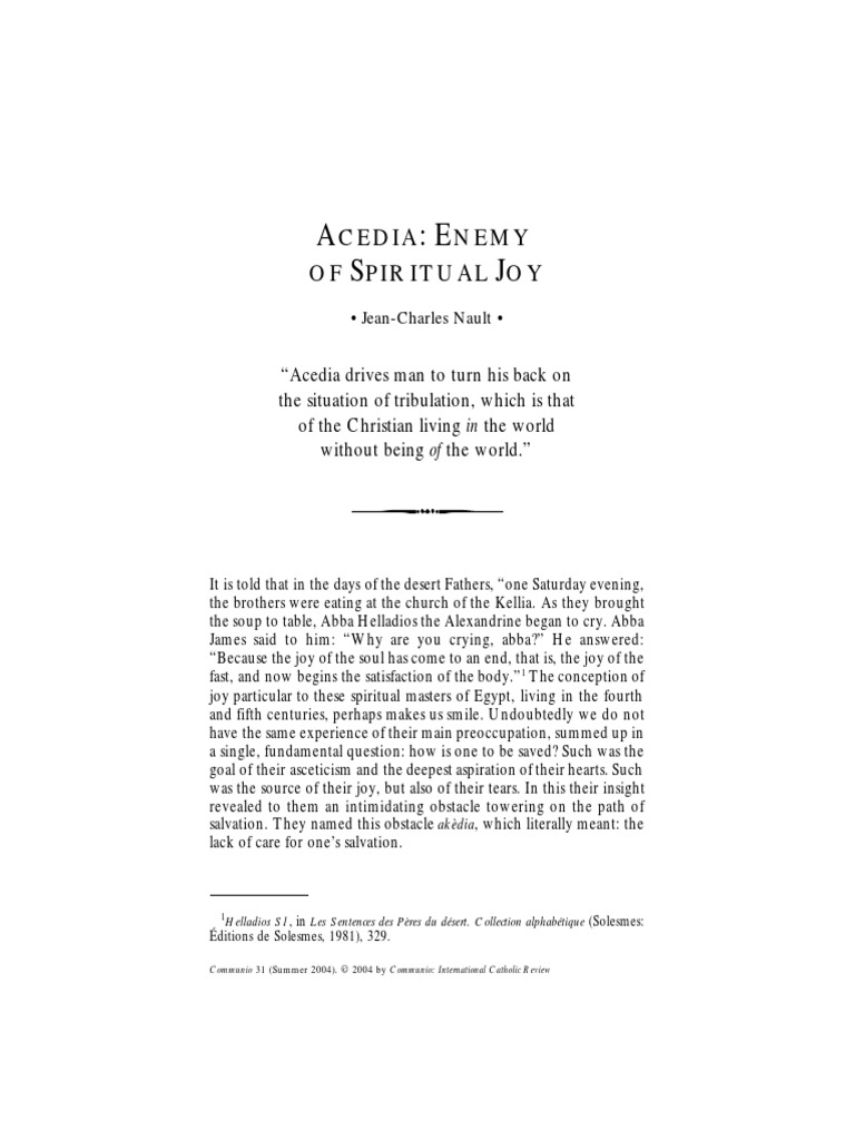 Acedia - Enemy of Spiritual Joy | PDF | Thomas Aquinas | Nihilism