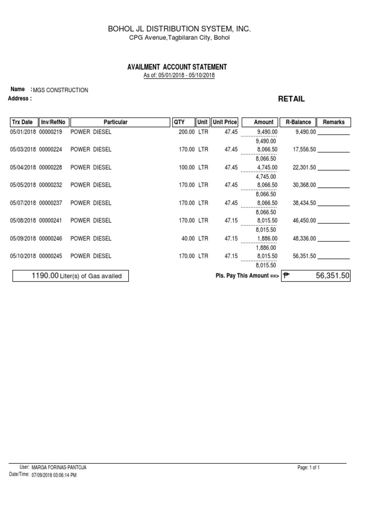 MGS Construction Fuel Statement | PDF | Computing | Business