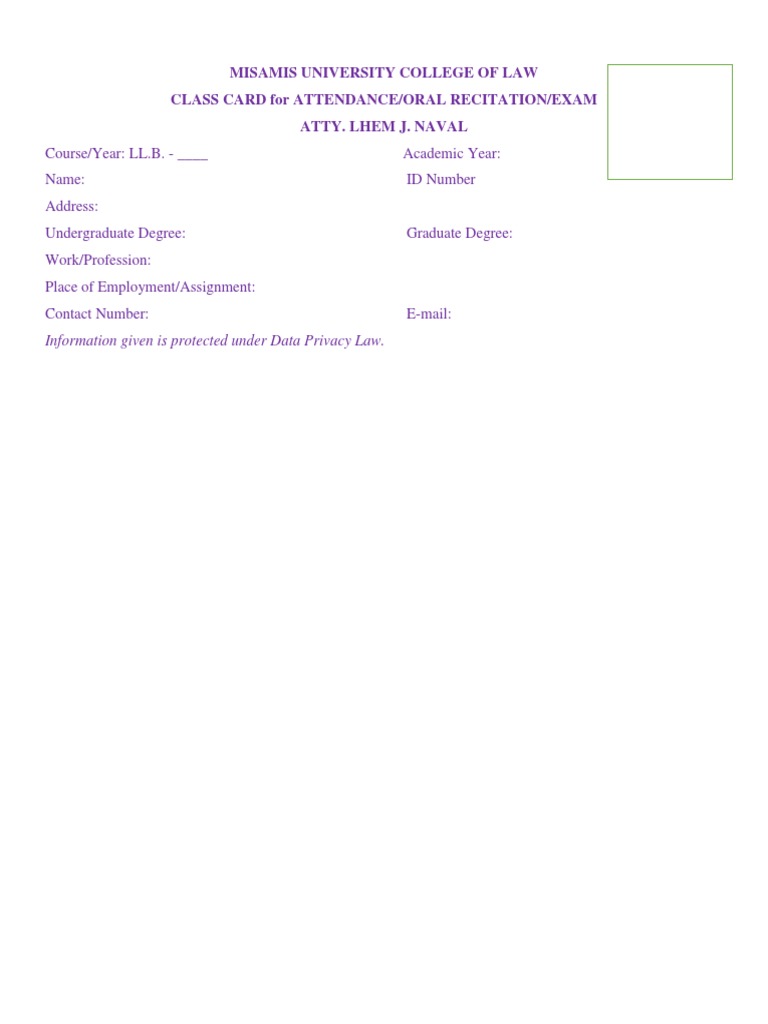 Class Card for Recitation and Exams | PDF