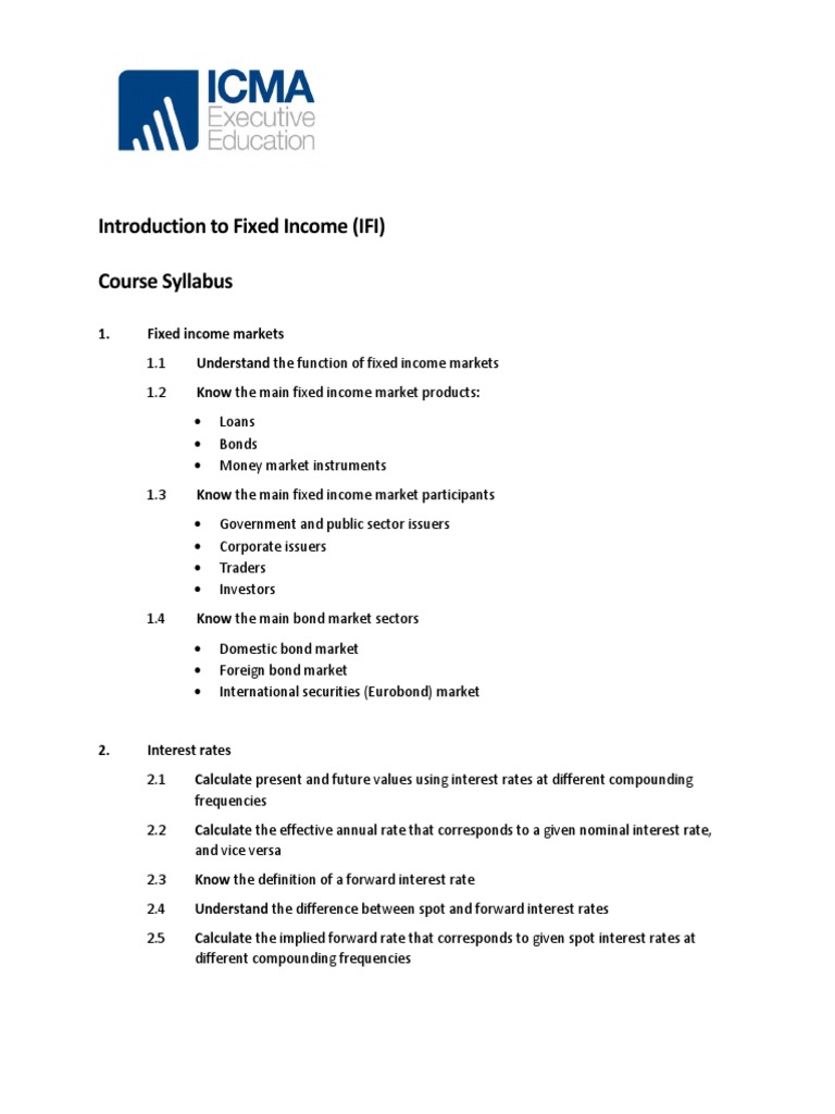 Fixed Income Market Fundamentals Syllabus | PDF | Fixed Income | Bonds ...