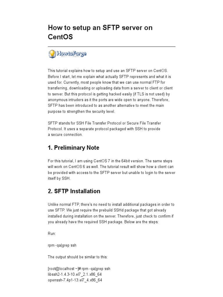 Setup SFTP Server on CentOS 7 | PDF | File Transfer Protocol | Secure Shell
