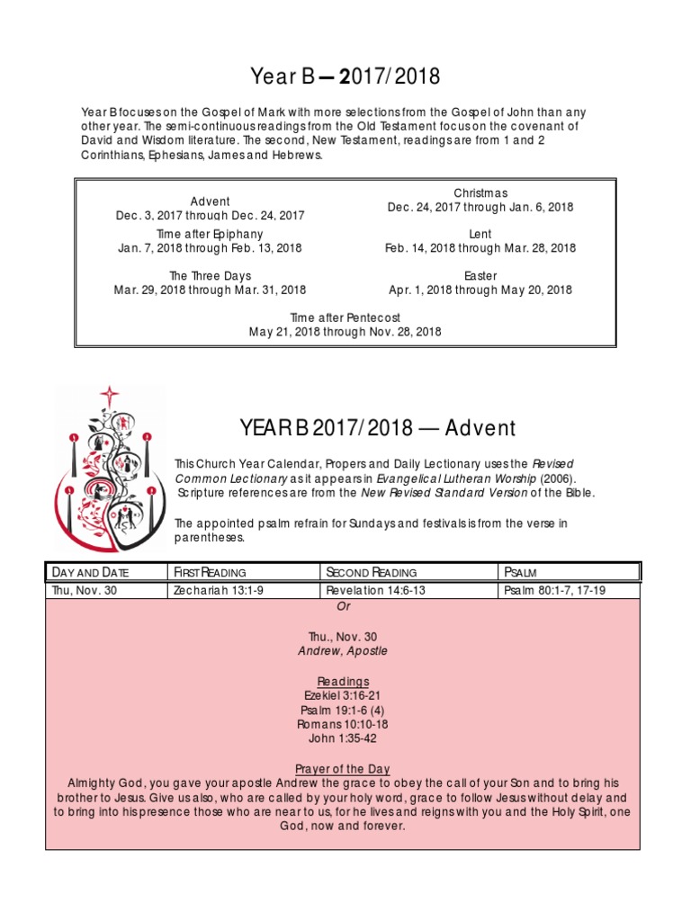 ELCA Lectionary Year B 2017 2018 PDF Lectionary God In Christianity