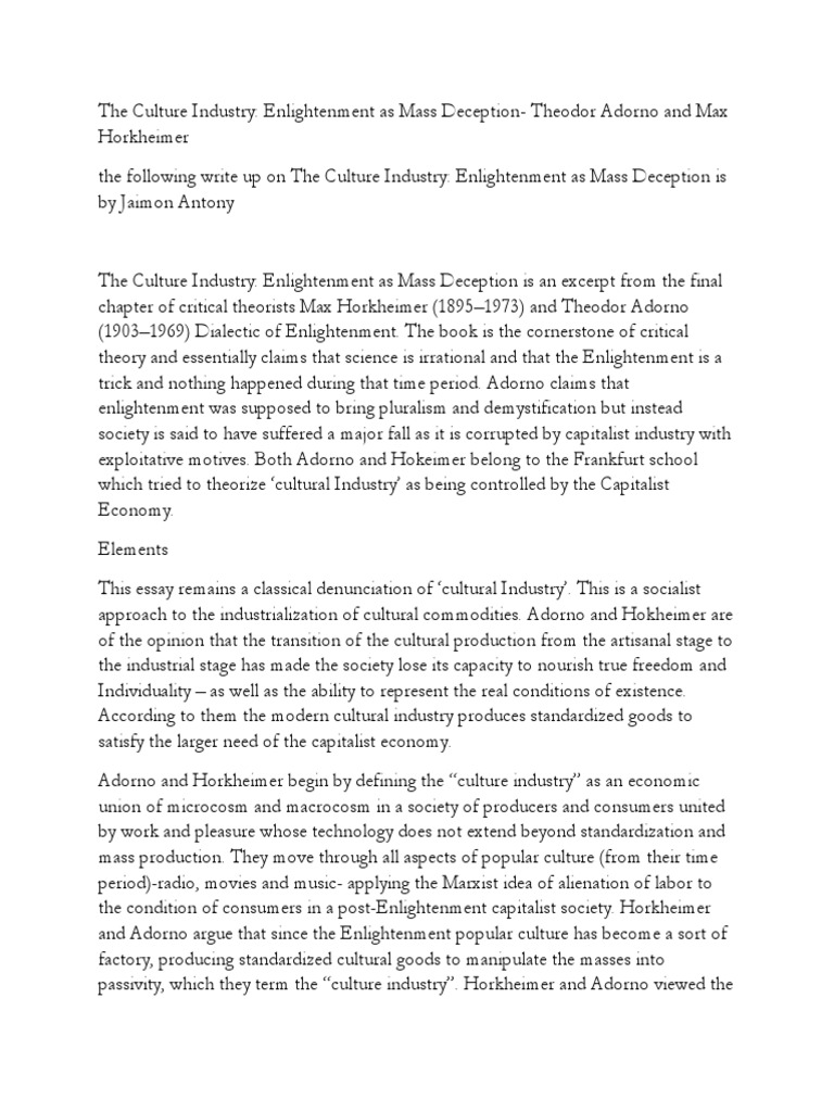 The Culture Industry | PDF | Theodor W. Adorno | Frankfurt School