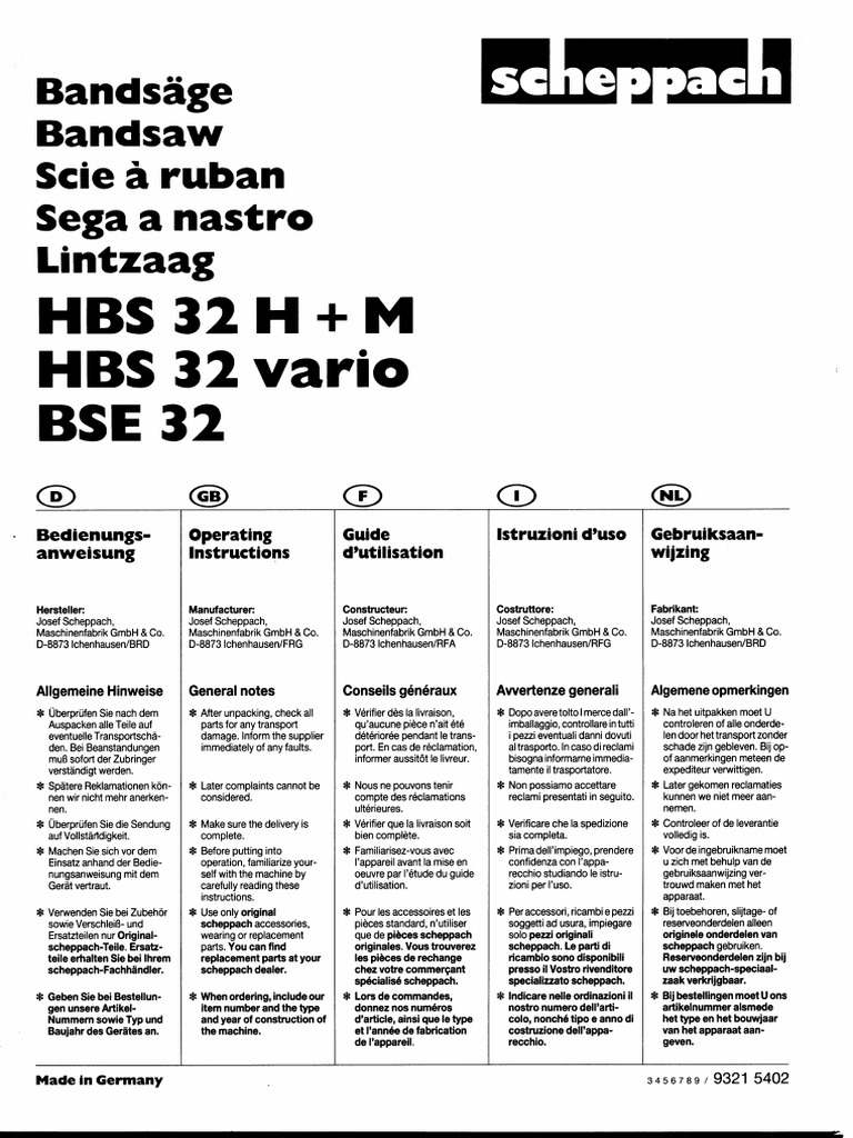 enthousiasme selecteer Nautisch Manual Scheppach HBS 32 H+M, HBS 32 Vario, BSE 32 PDF | PDF