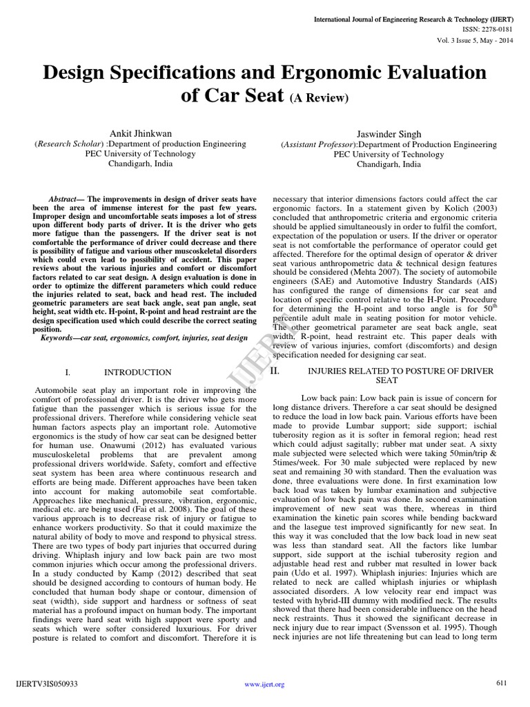 Design Specifications and Ergonomic Evaluation of Car Seat | PDF ...