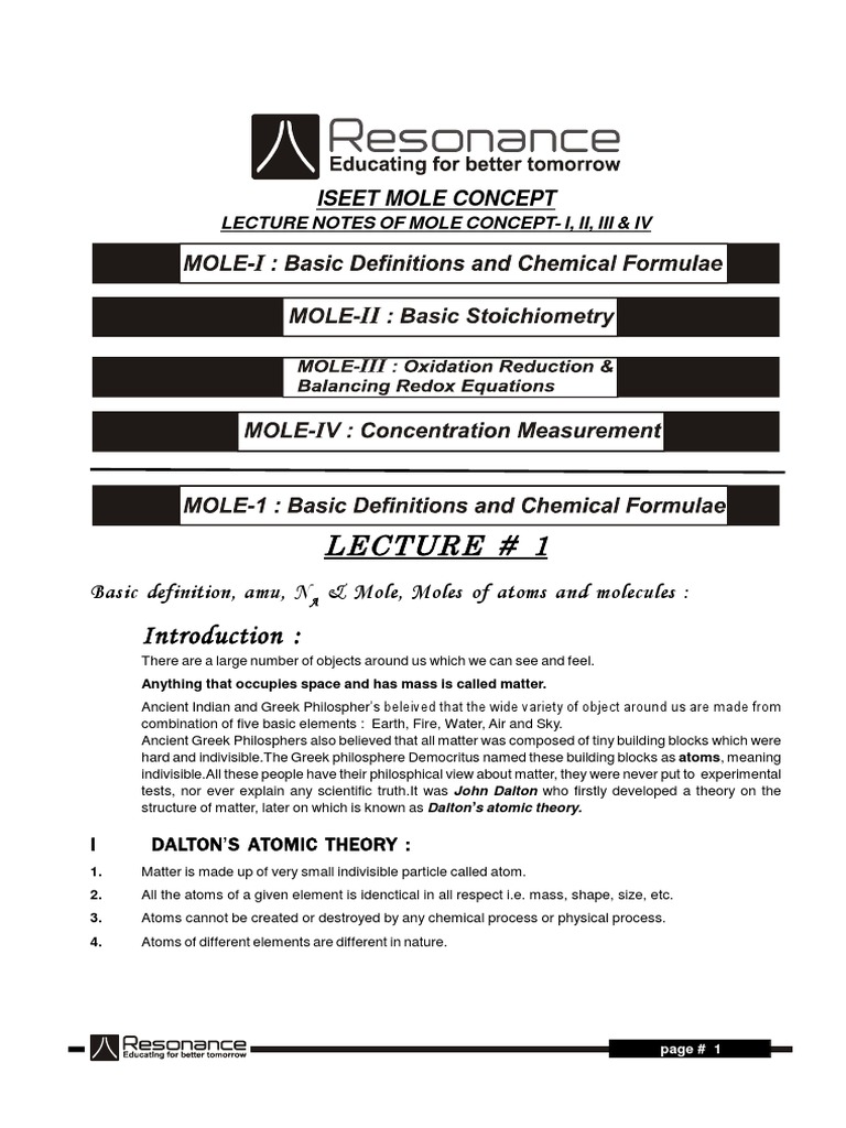 (2095) Lecture Notes Mole Concept e | PDF | Stoichiometry | Molecules