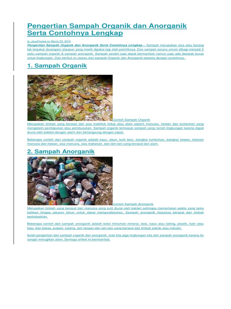 Pengertian Sampah Organik Dan Anorganik Serta Contohnya