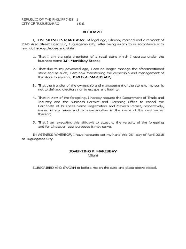 Affidavit of Store Ownership Transfer | PDF