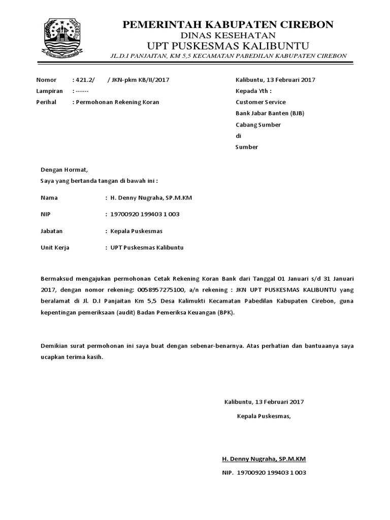 Contoh Surat Permintaan Rekening Koran Bank Mandiri Contoh Seputar Surat