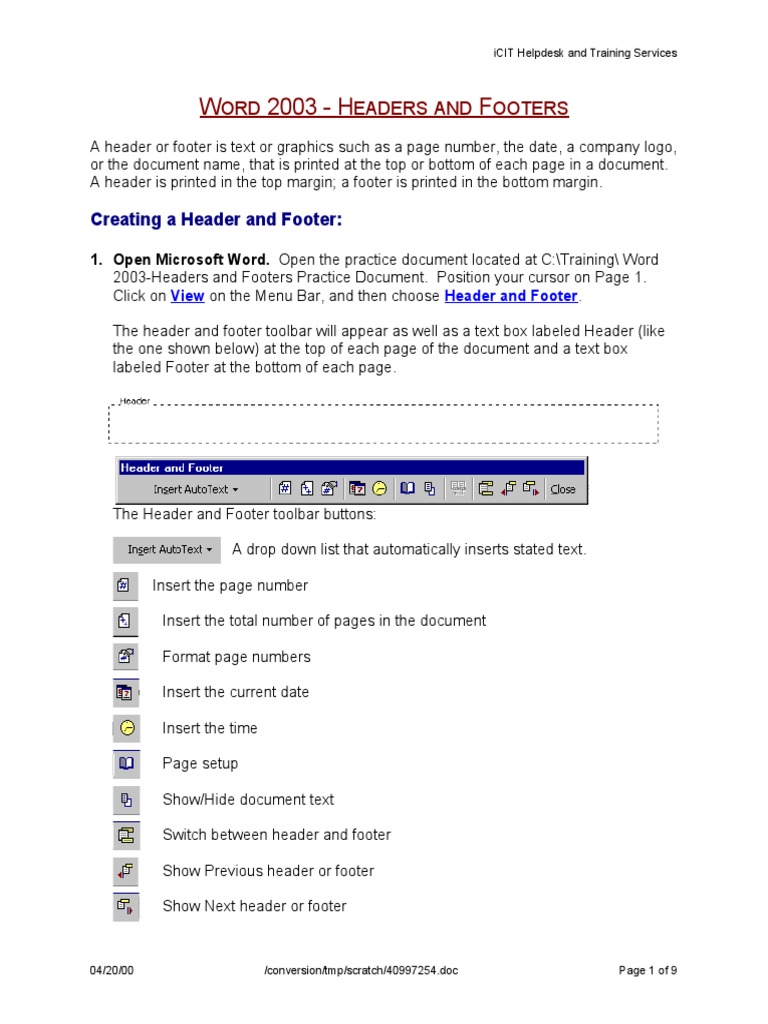 Word 2003: Headers and Footers Guide | PDF | Tab (Gui) | Cursor (User ...
