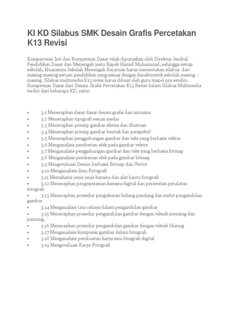 KI KD Silabus  SMK Desain  Grafis  Percetakan  K13 Revisi