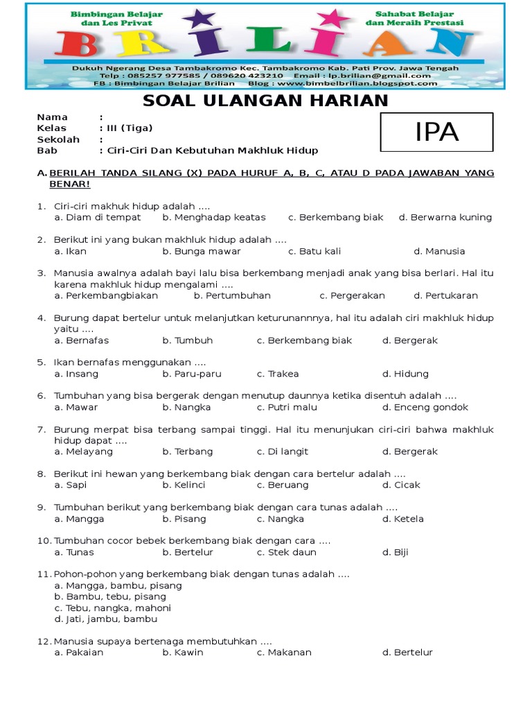 Soal IPA Kelas 3 SD Bab 1 Ciriciri dan Kebutuhan Makhluk