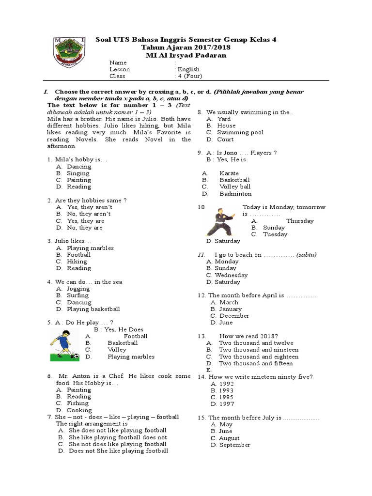 Soal Uts Bahasa Inggris Sd Semester Genap Kelas 4 Leisure Recreation