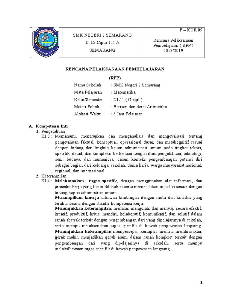 Rpp Barisan Dan Deret Aritmetika Kls Xi