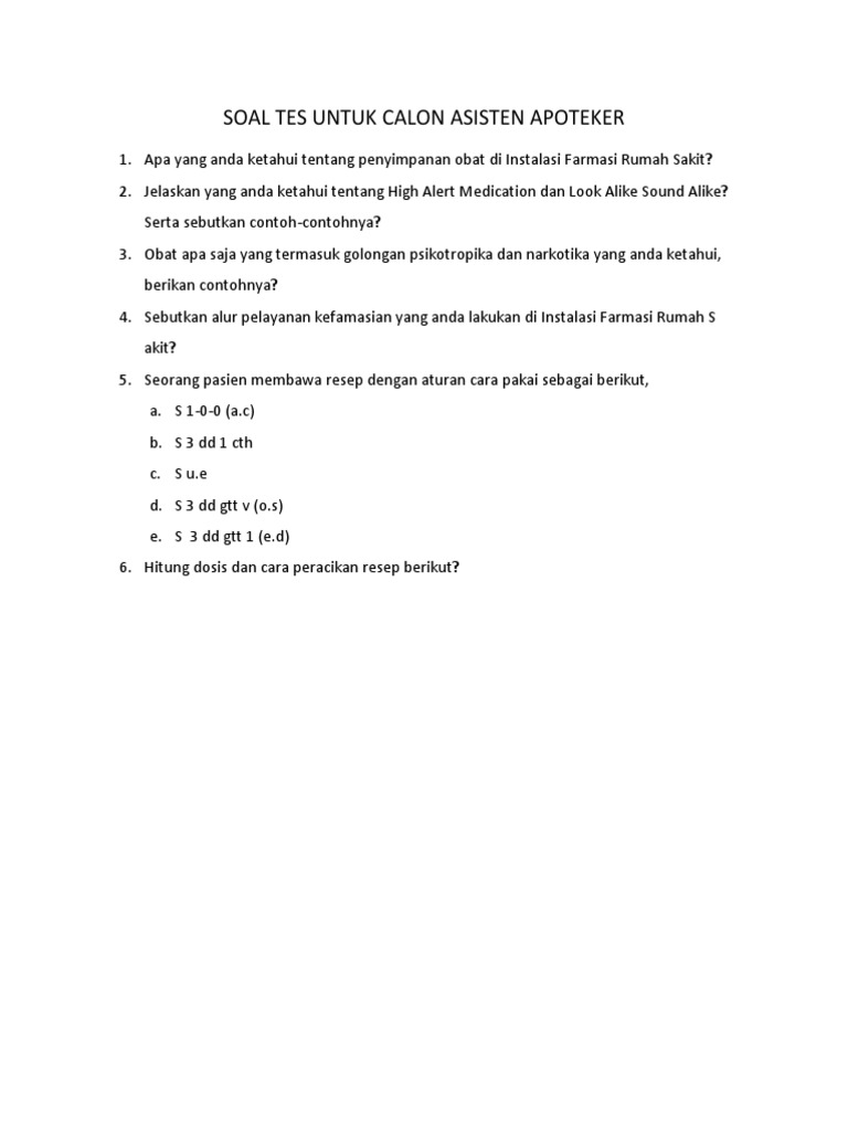 Soal Tes Untuk Asisten Apoteker