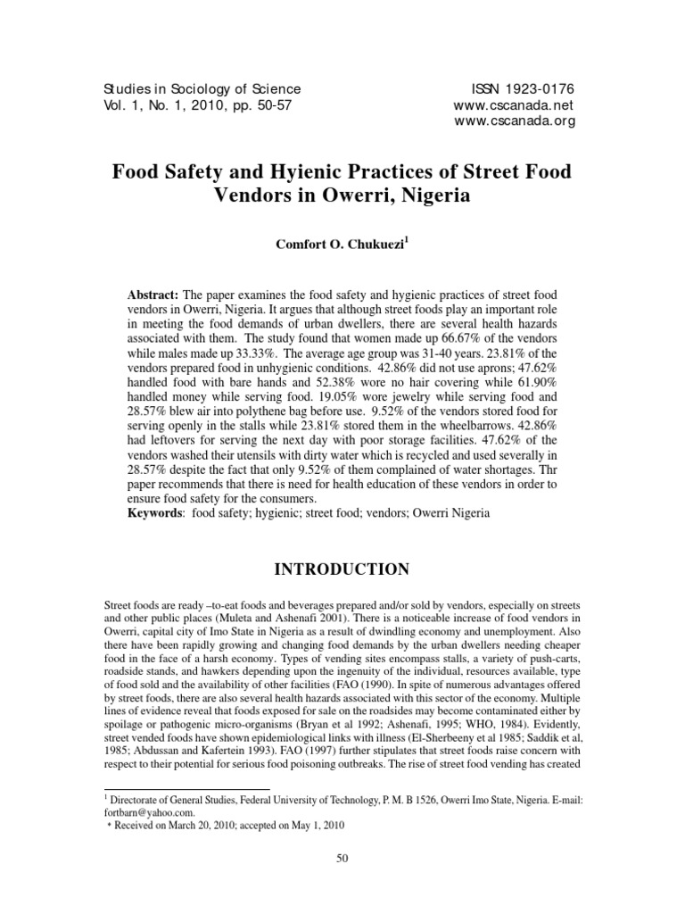 Street Foods PDF Hygiene Food Safety