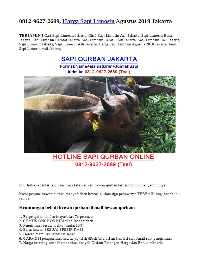 0812 9627 2689 Harga Sapi Limosin Agustus 2018 Jakarta