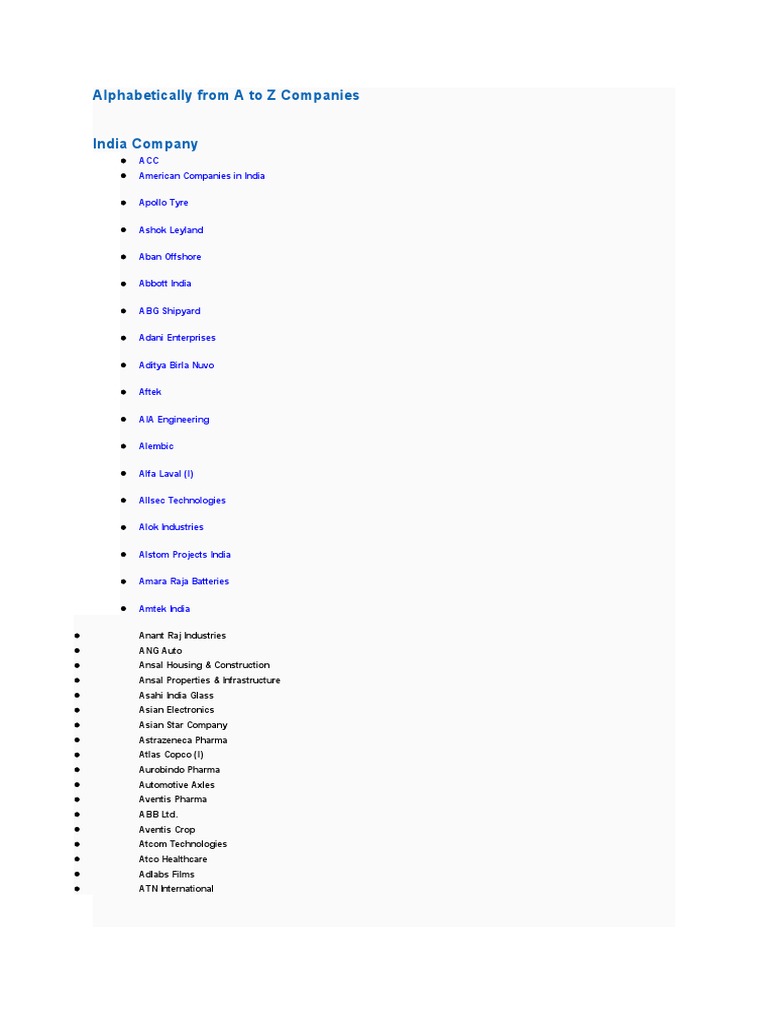 Alphabetically From A To Z Companies PDF Economy Of India Companies