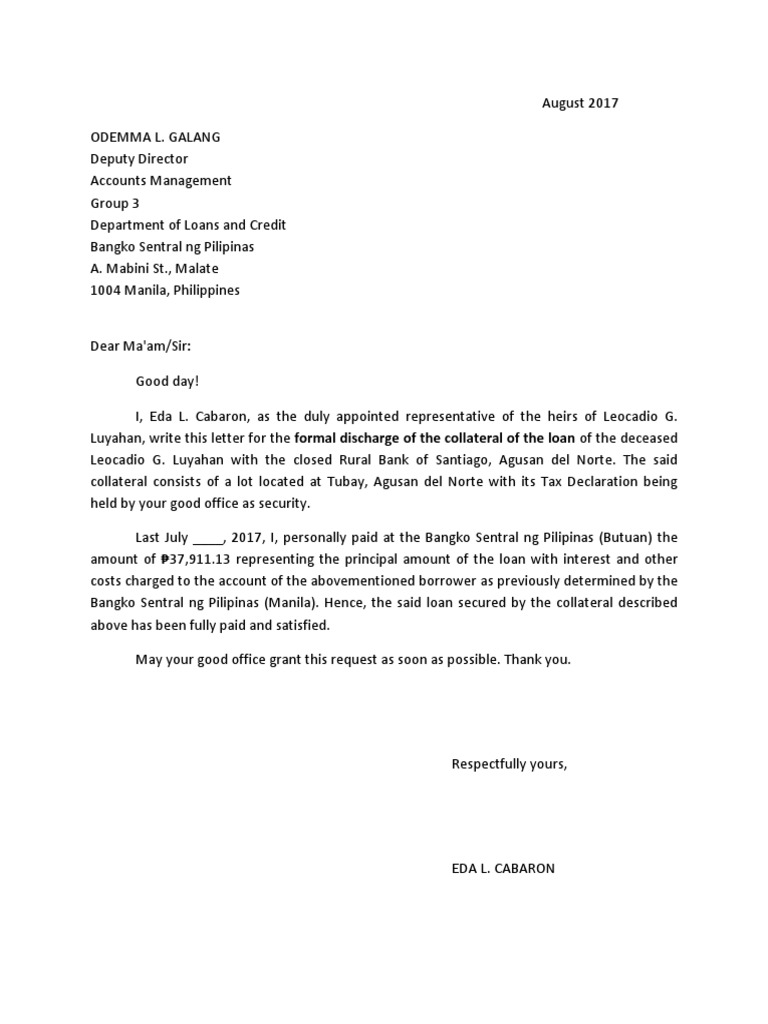 Request for Collateral Discharge | PDF | Finance & Money Management