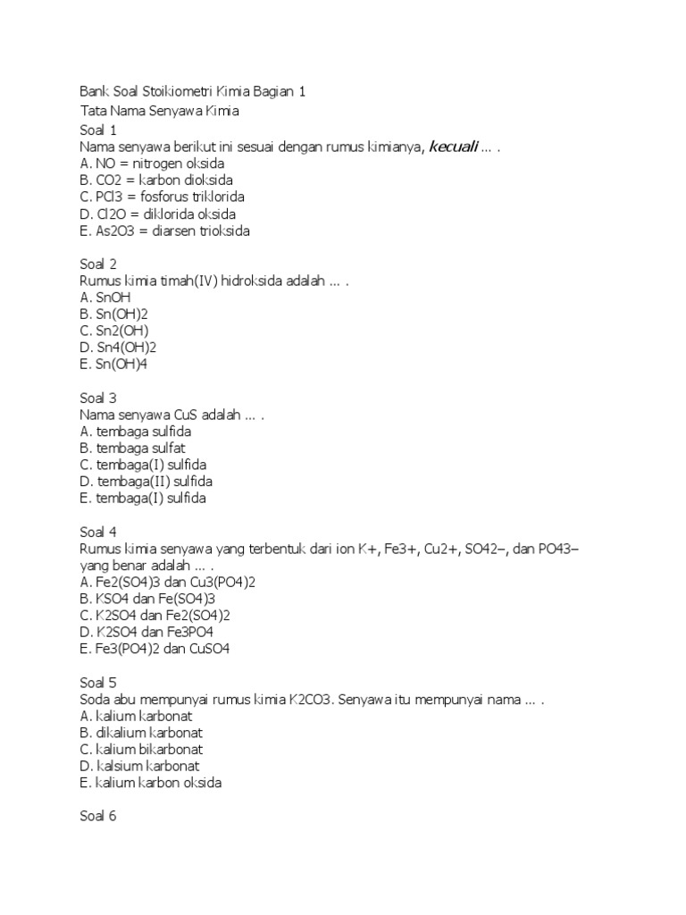 Bank Soal Stoikiometri Kimia 1 | PDF | Metode & Bahan Ajar | Sains ...