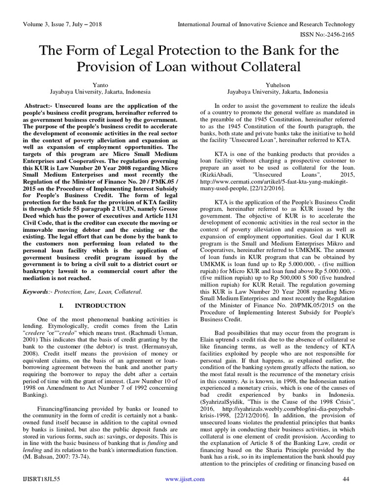 The Form Of Legal Protection To The Bank For The Provision Of Loan