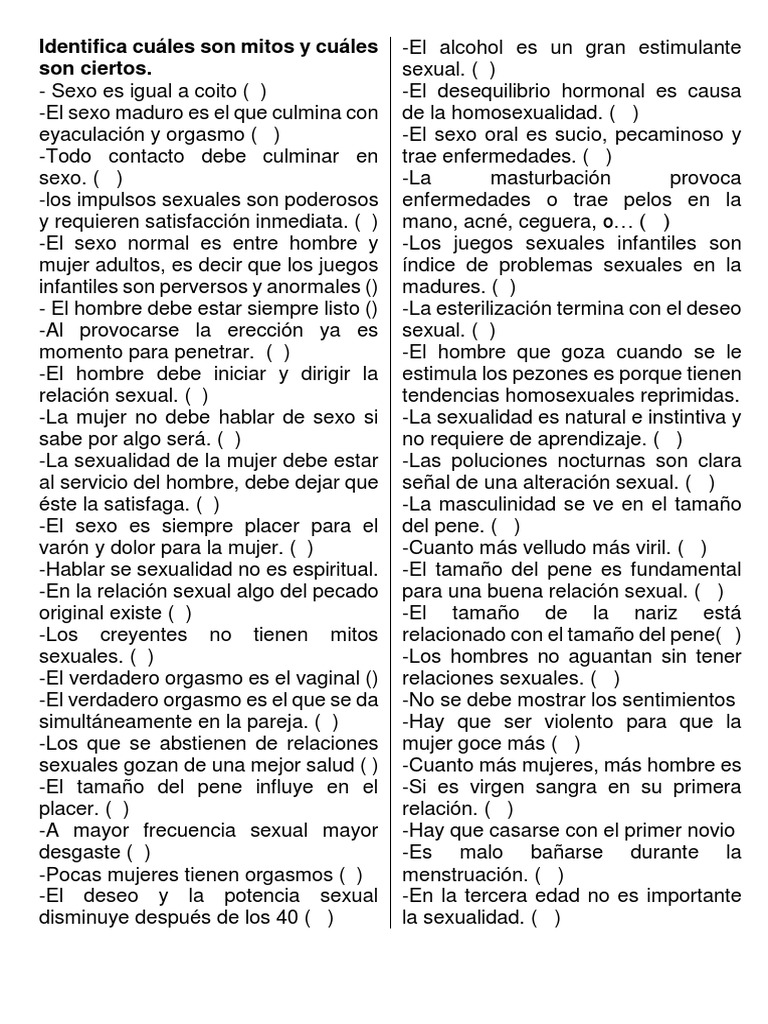 Mitos y realidades sobre la sexualidad | PDF | Relaciones sexuales ...