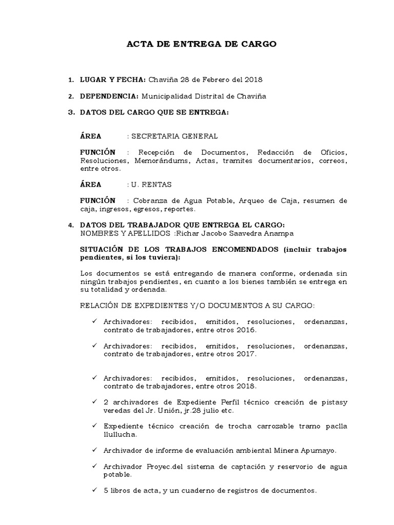 Acta de Entrega de Cargo Municipal | PDF | Bienes manufacturados | Science