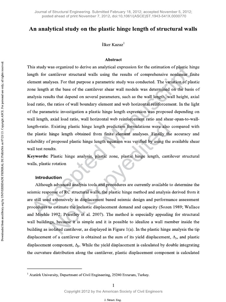 An Analytical Study On The Plastic Hinge Length of Structural Walls PDF