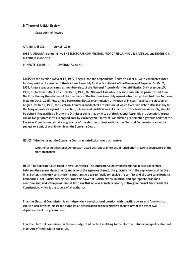 Judicial Review in Angara v. Electoral Commission | PDF | Judiciaries ...