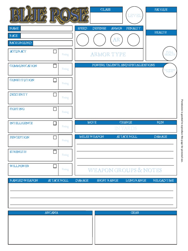 Blue Rose Age Character Sheet Fillable Tabletop Games Gaming