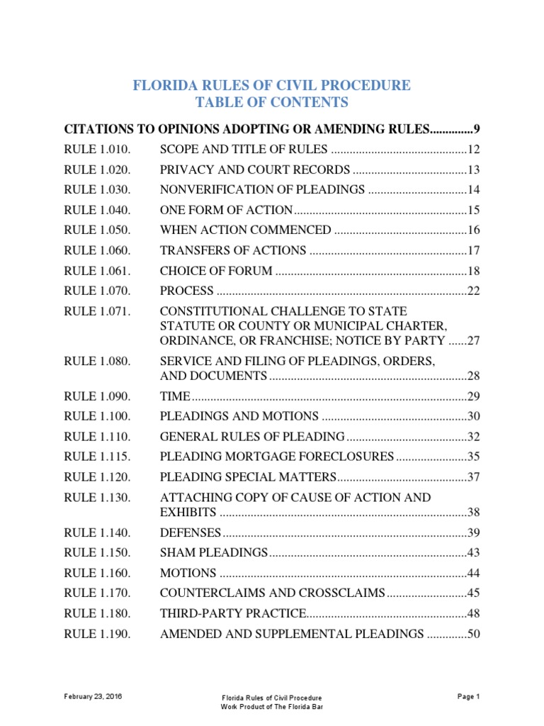 Florida rules of civil procedure table of contents pdf service of