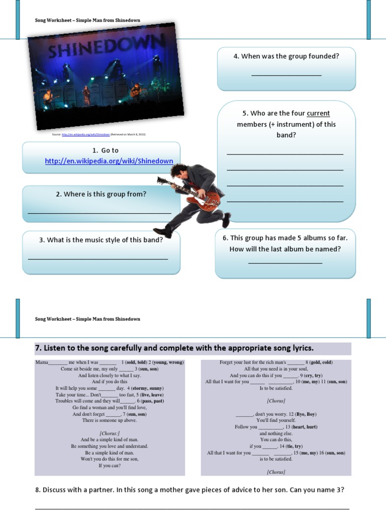 Song Worksheet - Simple Man From Shinedown: Source: (Retrieved On March ...