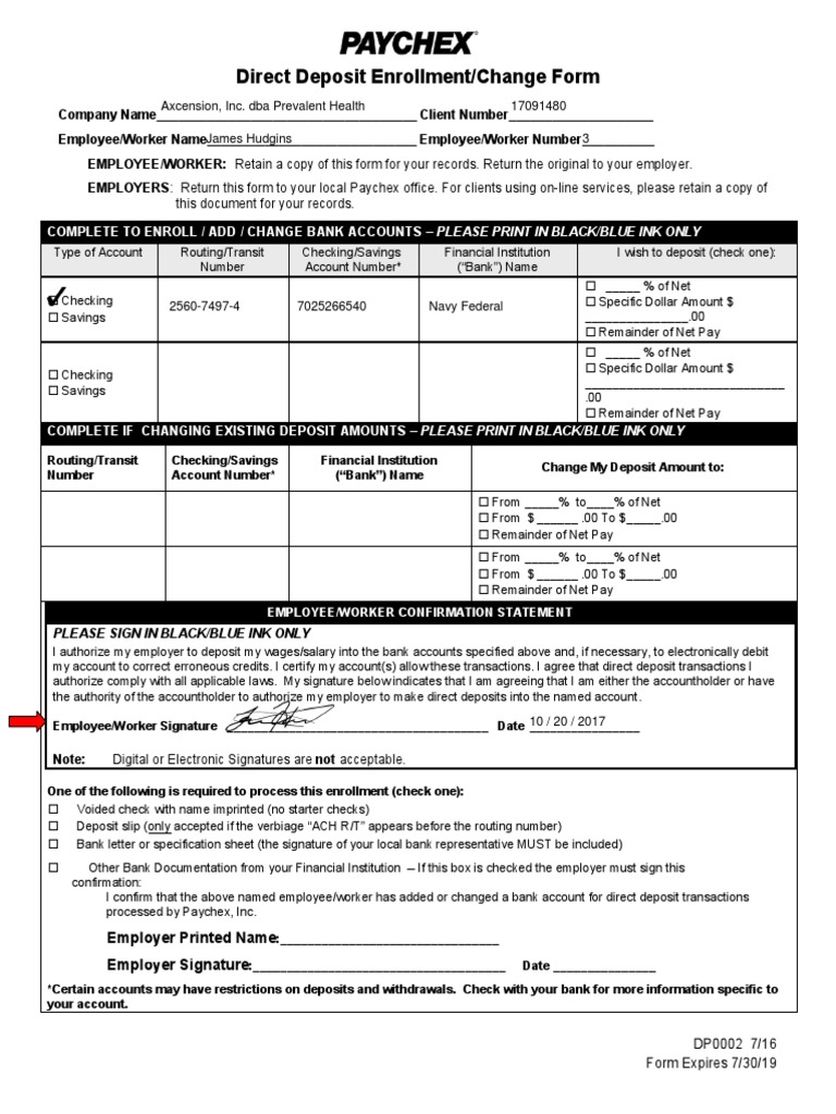 Paychex DD Form.pdf Cheque Deposit Account