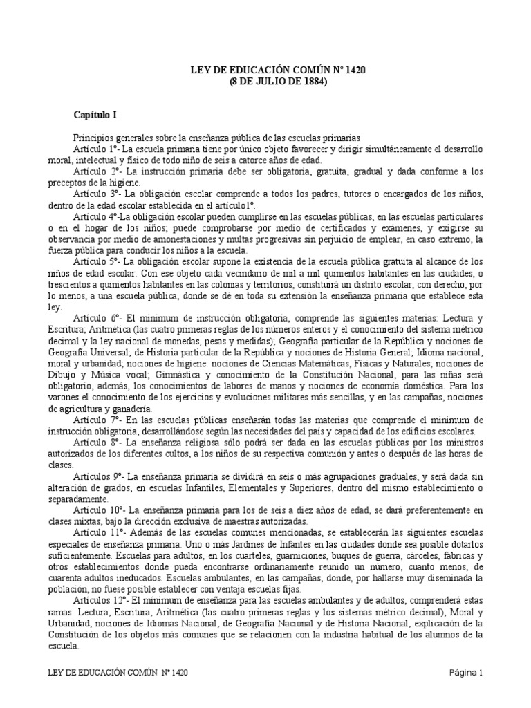 Ley de Educación Común 1420 (1884) | PDF | Educación primaria | Maestros