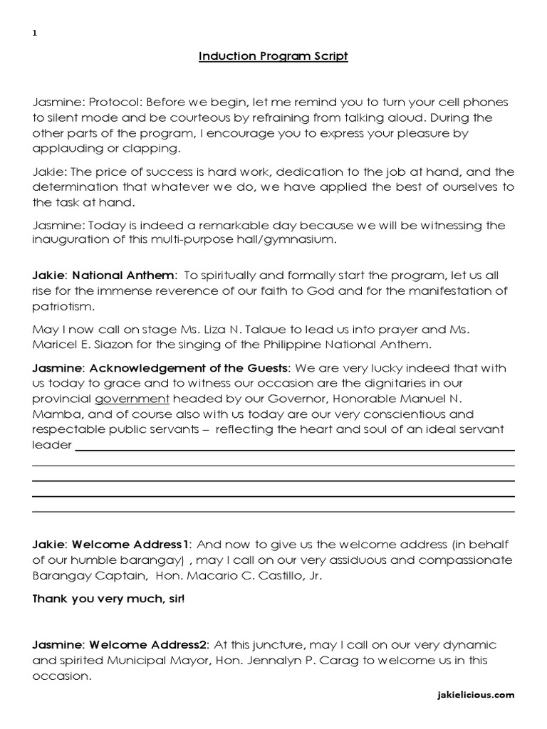 Induction Ceremony Program for the Inauguration of the MultiPurpose