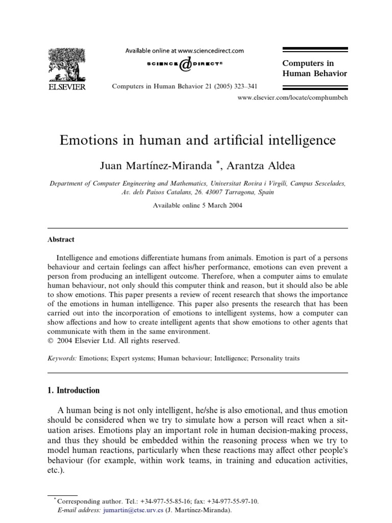 Emotions in Human and Artificial Intelligence J A A Aldea | PDF ...