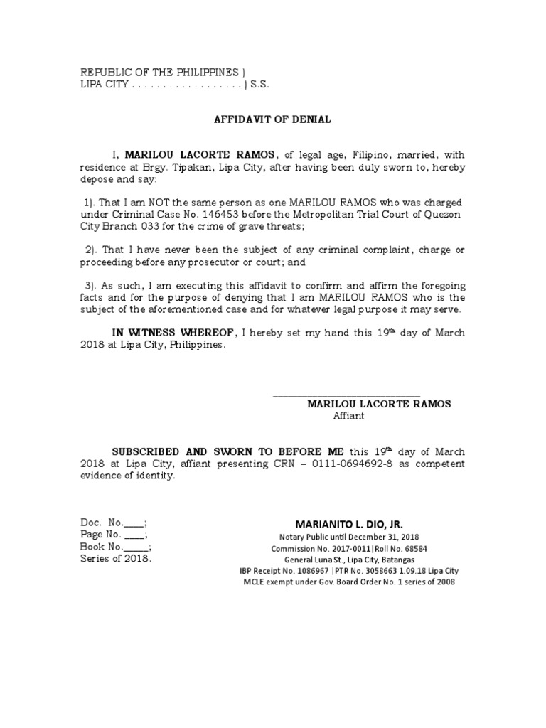 Afidavit of Denial Template PDF