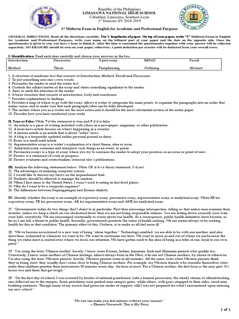 1st Midterm English Exam Guide | PDF | Essays | Cognitive Science