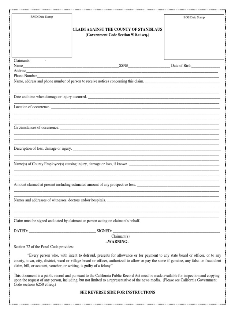 Claim Against The County of Stanislaus (Government Code Section 910.et Seq.) Download Free PDF