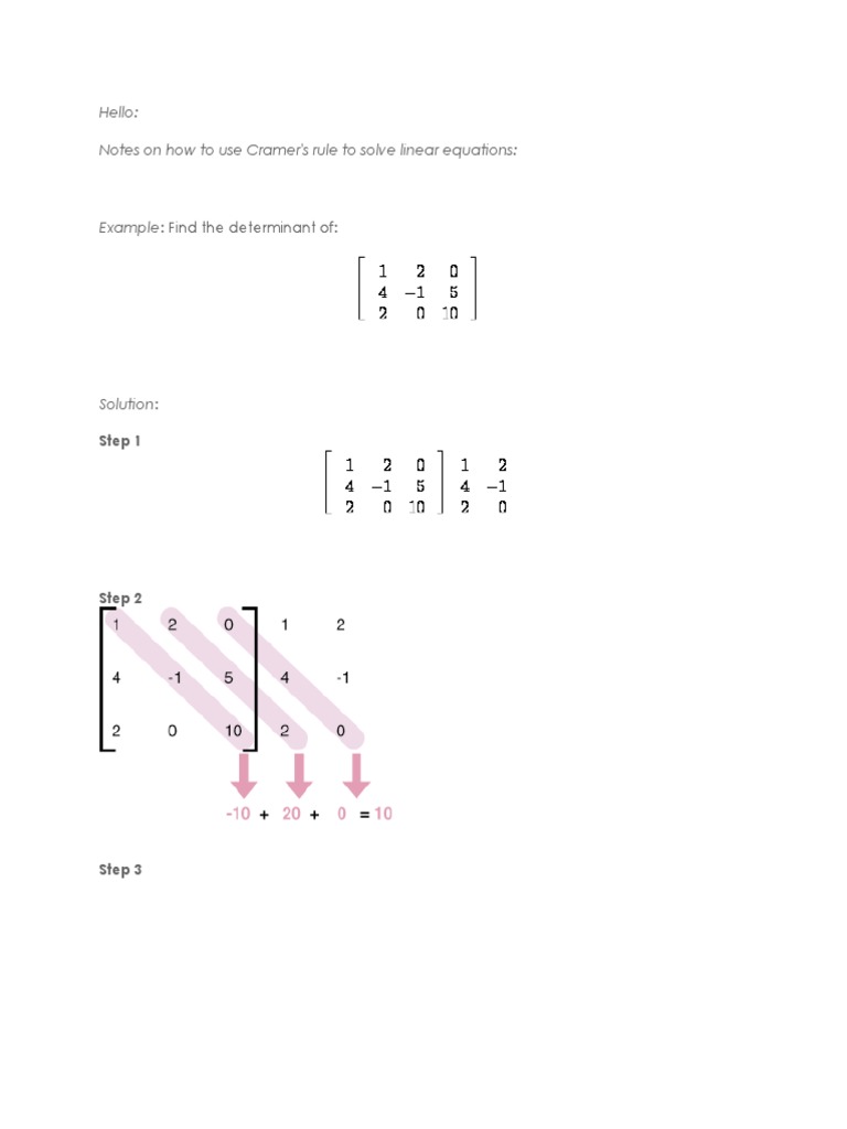Hello Notes On How To Use Cramer's Rule To Solve Linear Equations PDF