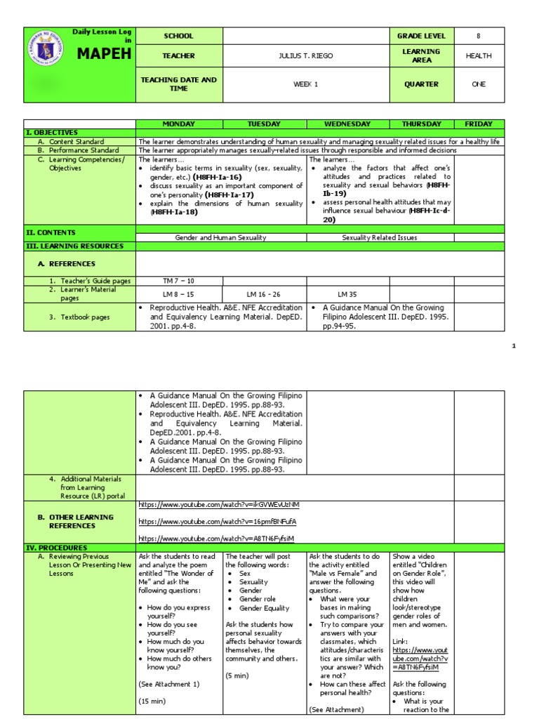 Q1 Grade 8 Health Dll Week 1 Gender Role Attitude Psychology