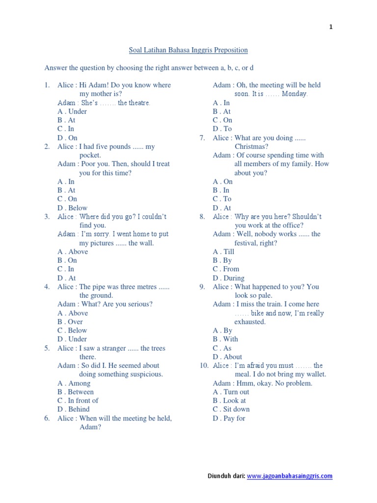 Soal Latihan Bahasa Inggris Preposition