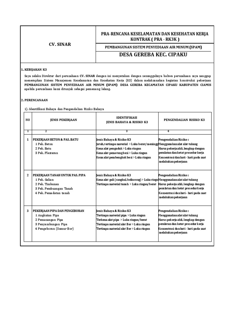 Rencana K3 Pembangunan SPAM Desa Gereba | PDF