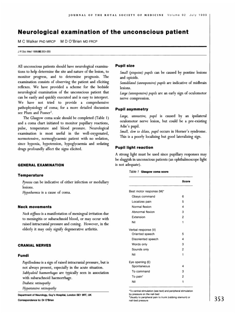 Neurological Examination of The Unconscious Patient PDF Coma