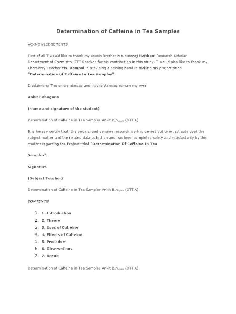 Determination of Caffeine in Tea Samples | PDF | Caffeine | Drink
